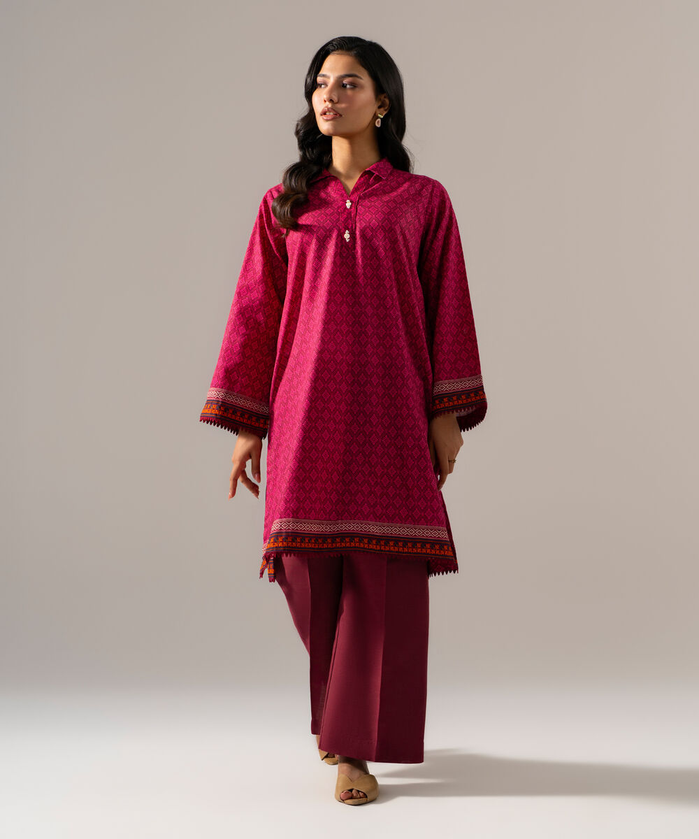 Women's RTW Khaddar Printed Pink Straight Shirt