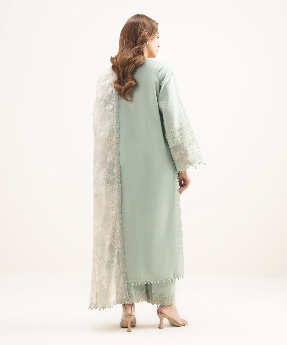 Women's Unstitched Cotton Embroidered Green 3 Piece Suit