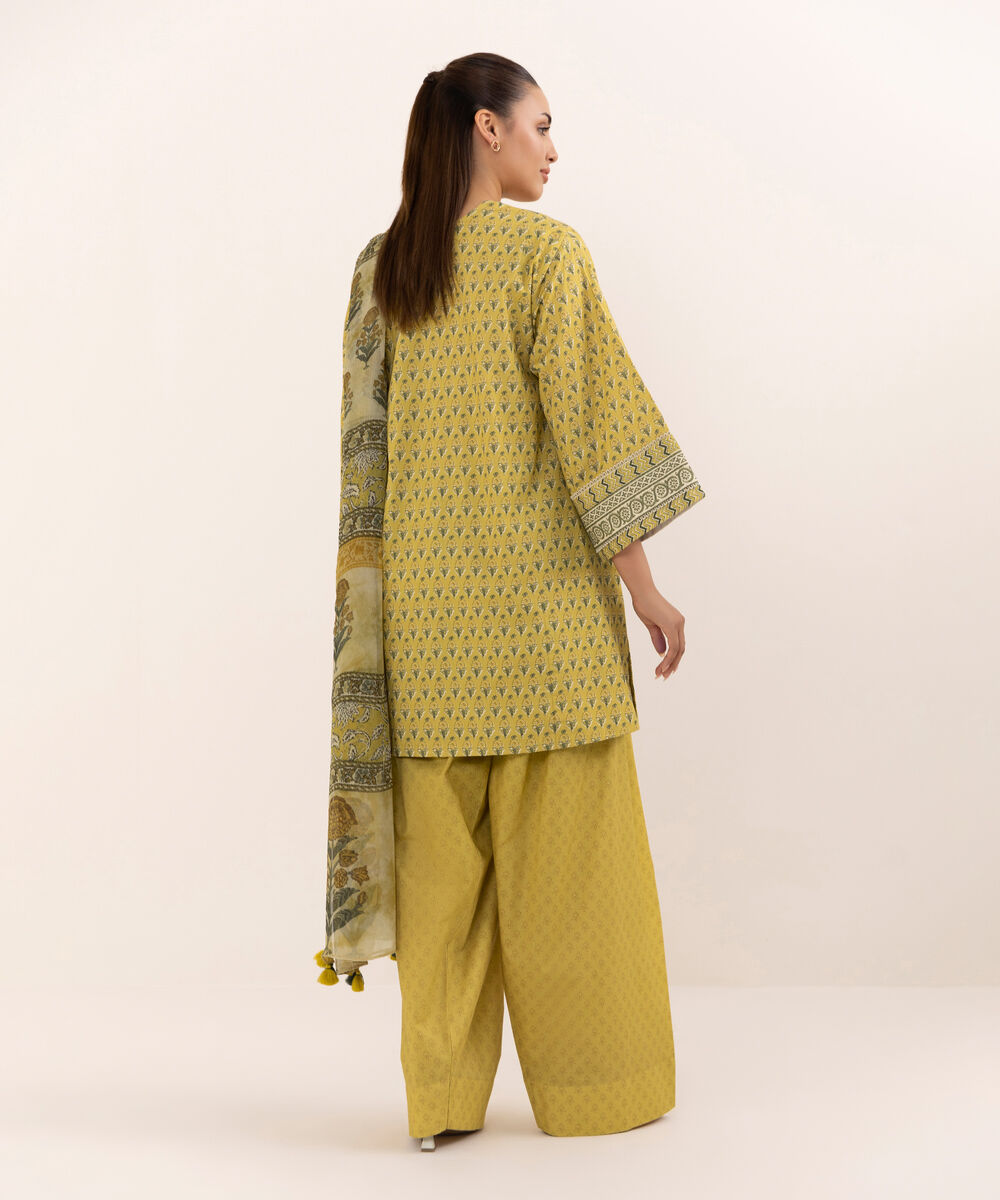 Women's Unstitched Cotton Printed Mustard Three Piece Suit