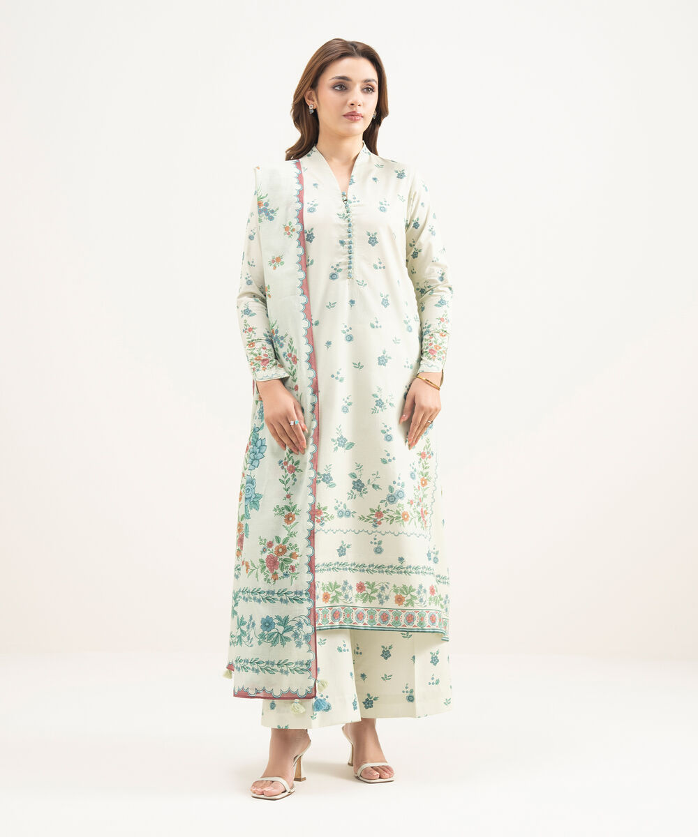 Women's Unstitched Zari Lawn Printed Off White 3 Piece Suit