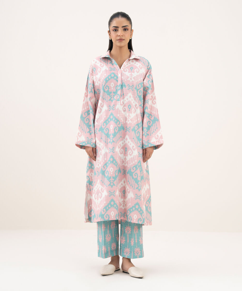 Women's RTW Light Khaddar Printed Drop Shoulder Pink Shirt