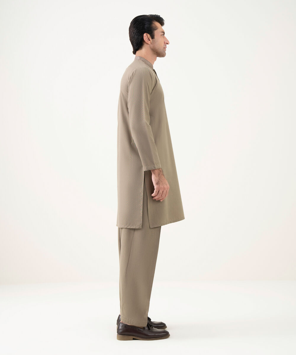 Men's Viscose Embroidered Beige Kurta Shalwar