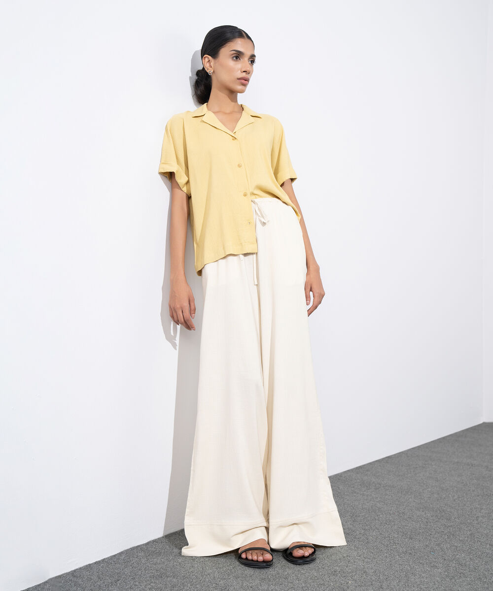 Women's Western Wear Beige Seersucker Wide Leg Trousers