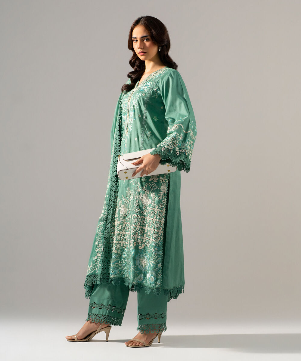 Women's RTW Self Jacquard Solid Embroidered Sand Green 3 Piece Suit