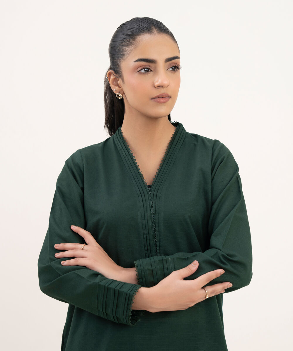 Women's RTW Light Khaddar Solid A-Line Green Shirt