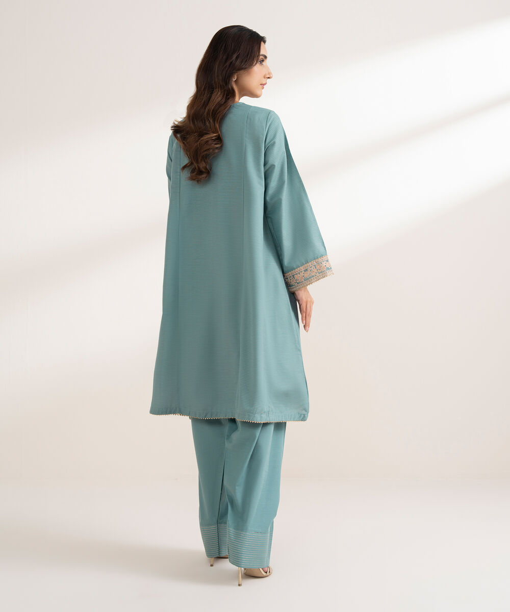 Women's RTW Zari Cotton Embroidered Straight Blue Shirt