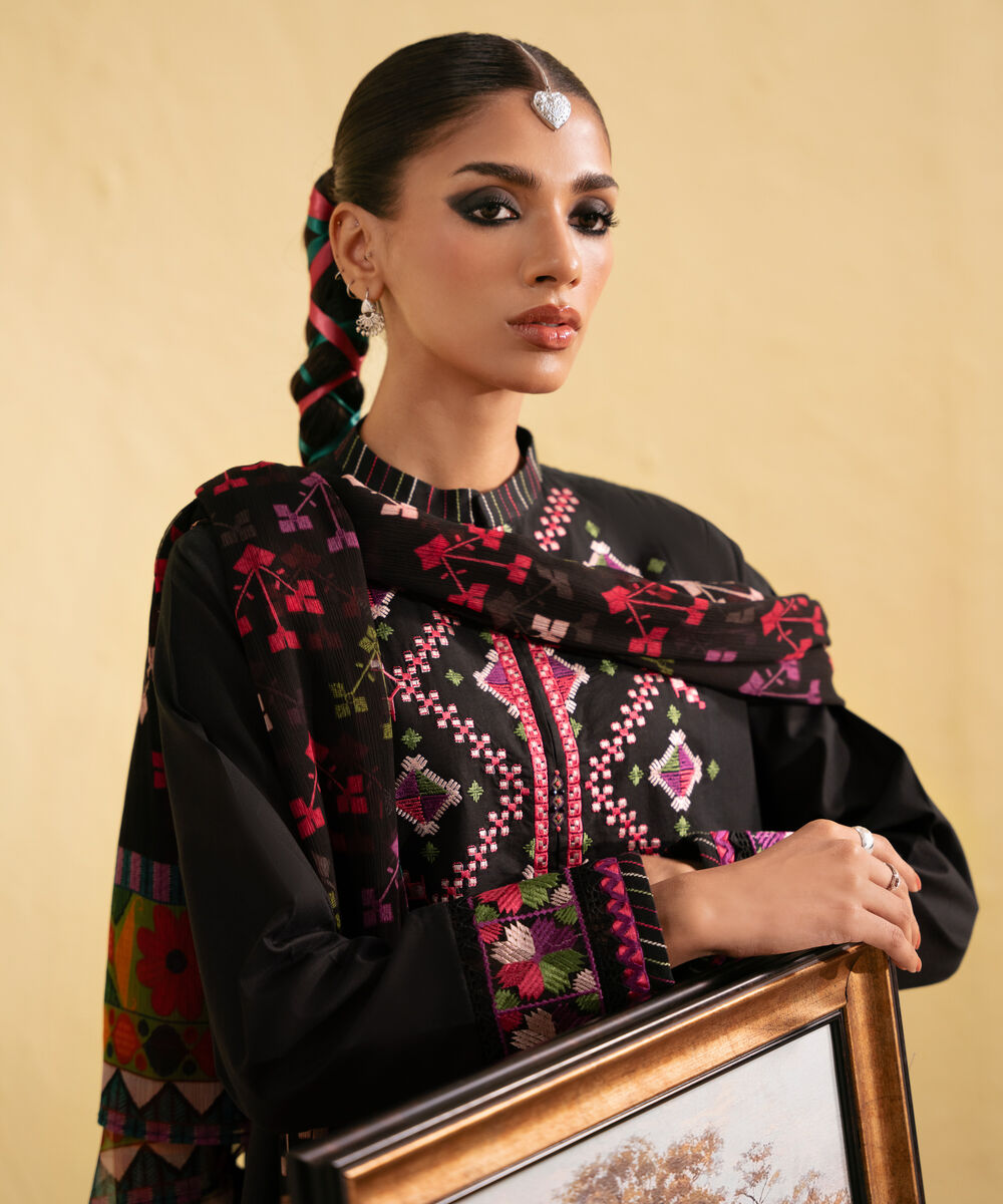 Women's Unstitched Cotton Embroidered Black Two Piece Suit