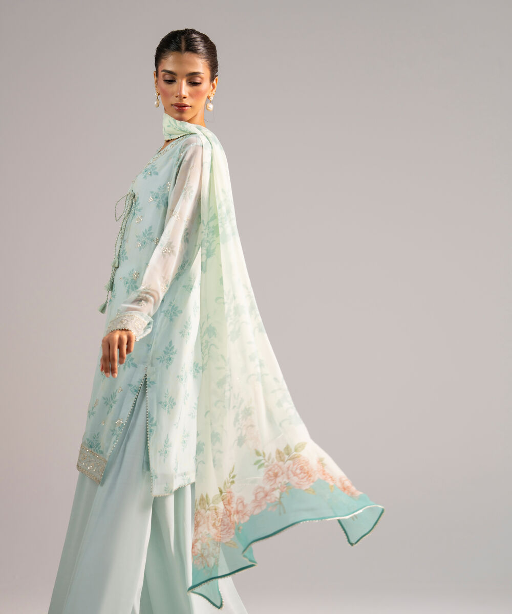 Women's RTW Chiffon Embroidered Blue 3 Piece Suit
