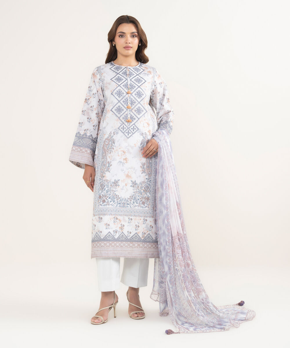 Women's Unstitched Lawn Embroidered Grey 3 Piece Suit