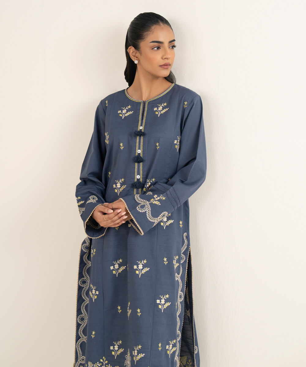 Women's RTW Cotton Embroidered Blue A-Line Shirt