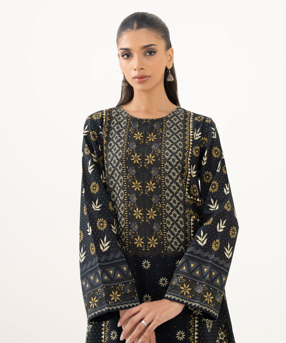 Women's RTW Light Khaddar Printed Straight Black Shirt