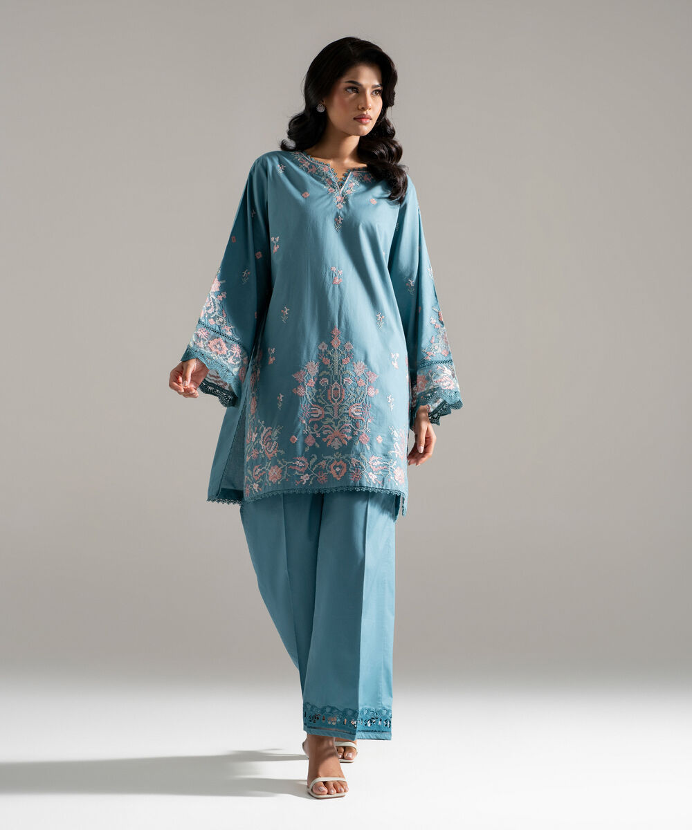 Women's RTW Lawn Embroidered Blue 2 Piece Suit