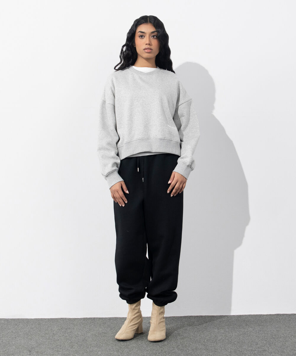 Women's Western Wear Grey Melange Cropped Fleece Sweatshirt