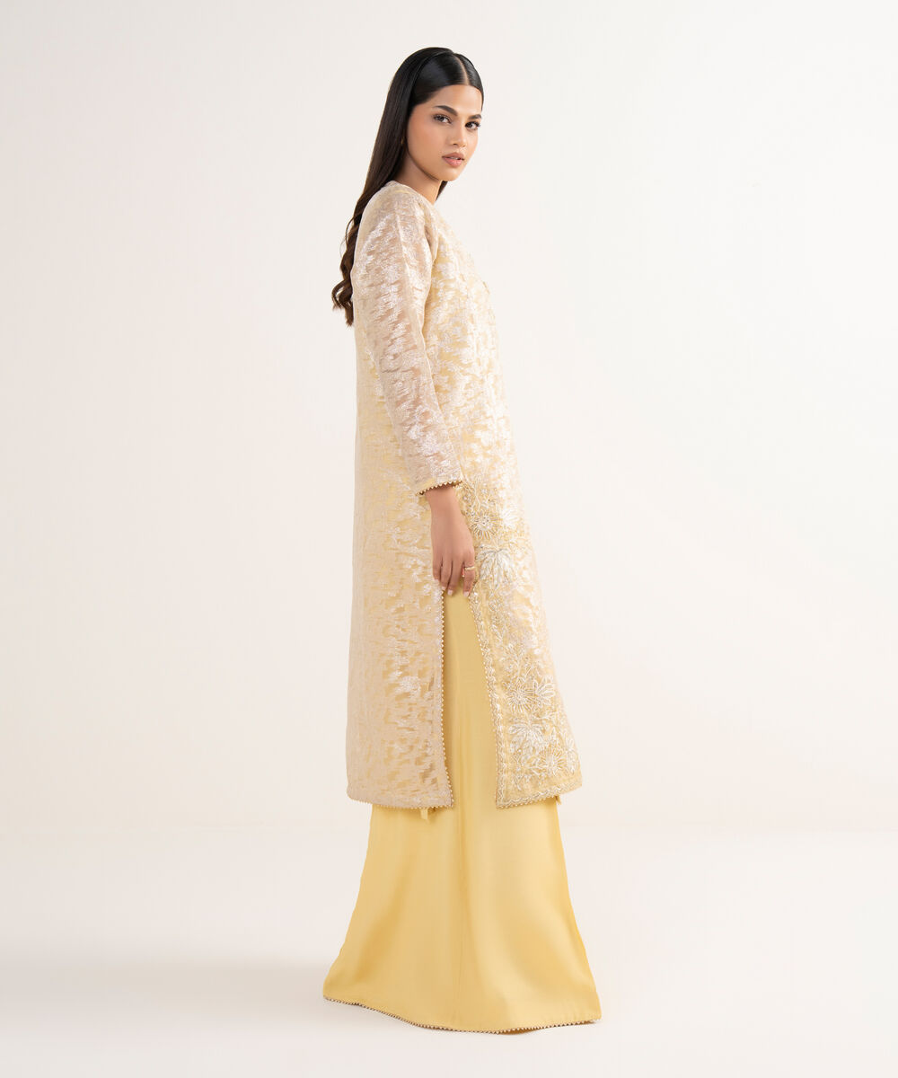 Women's RTW Zari Jacquard Yellow Embroidered 2 Piece Suit