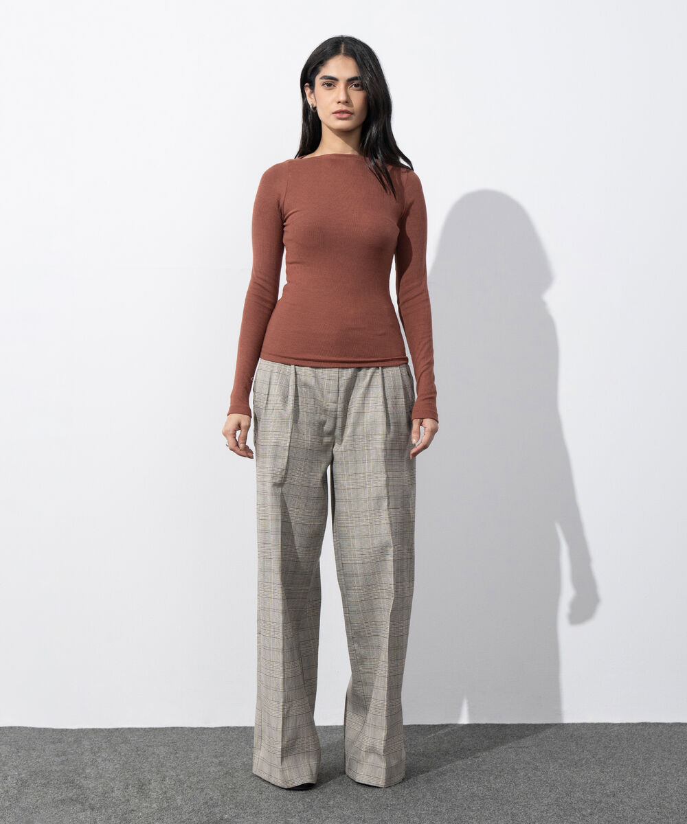 Women's Western Wear Rust Slash Neck Rib Top