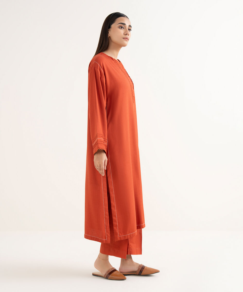 Women's RTW Textured Arabic Orange Solid Drop Shoulder Shirt