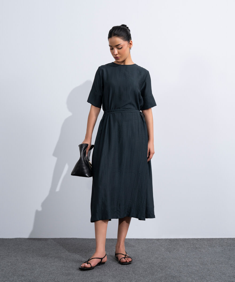 Women's Western Dark Grey Textured Maxi Dress