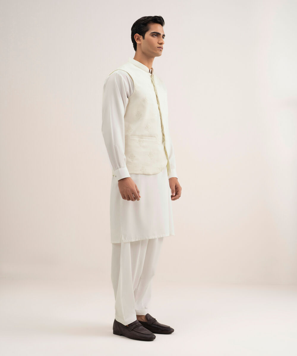 Men'S Stitched Light Cream Cotton Dobby Waistcoat