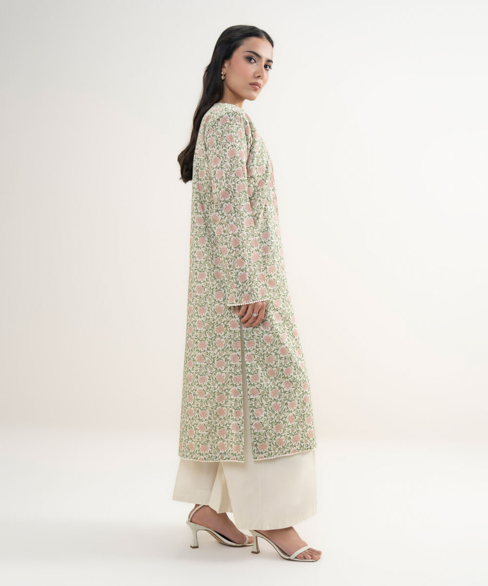 Women's RTW Slub Lawn Embroidered Beige Straight Shirt