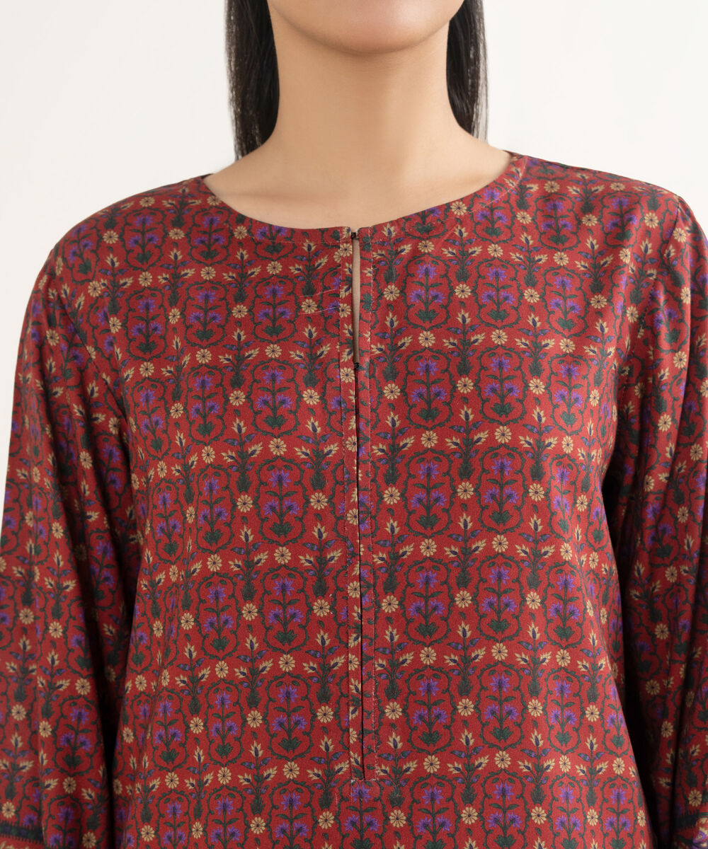 Women's RTW Linen Printed Maroon A-Line Shirt