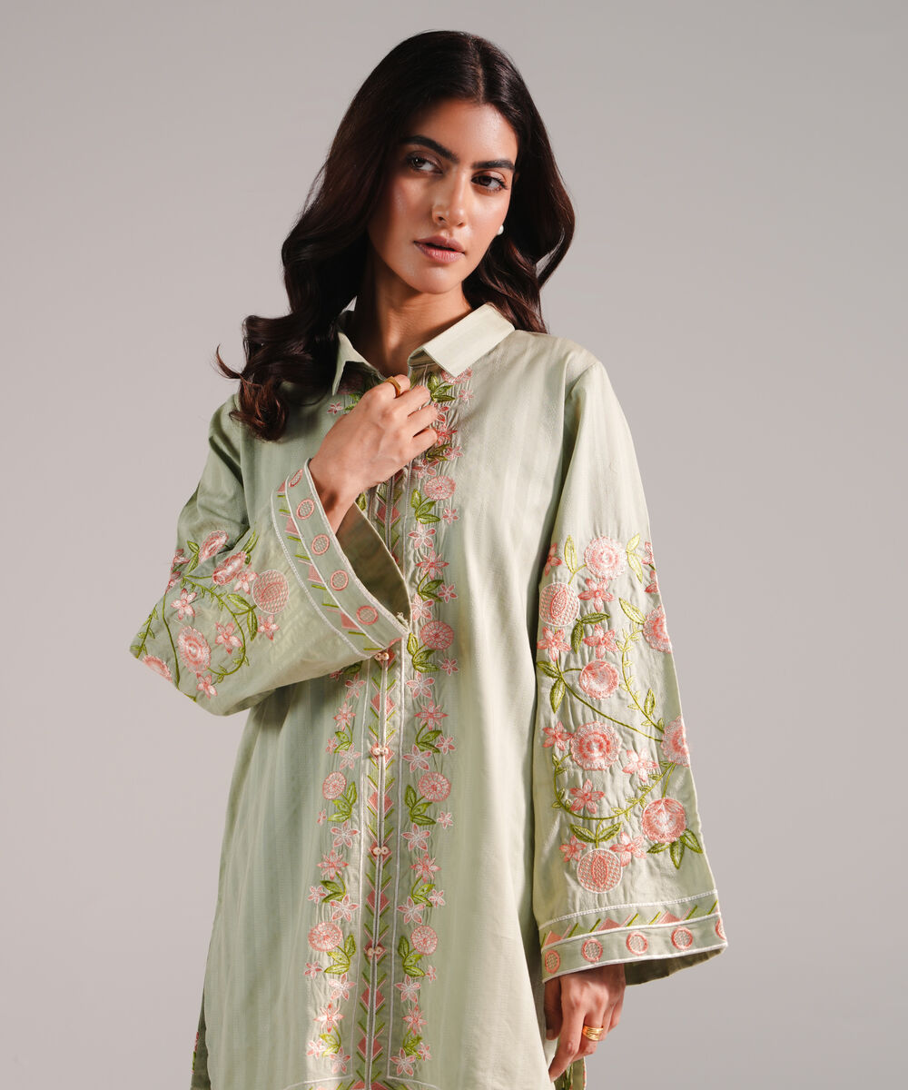 Women's RTW Dobby Embroidered Green 2 Piece Suit