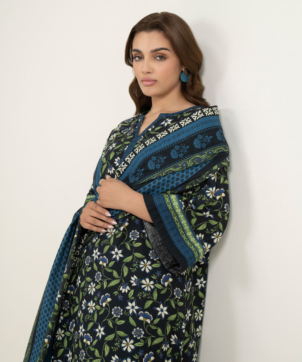 Women's Three Piece Multi Arabic Khaddar Printed Suit