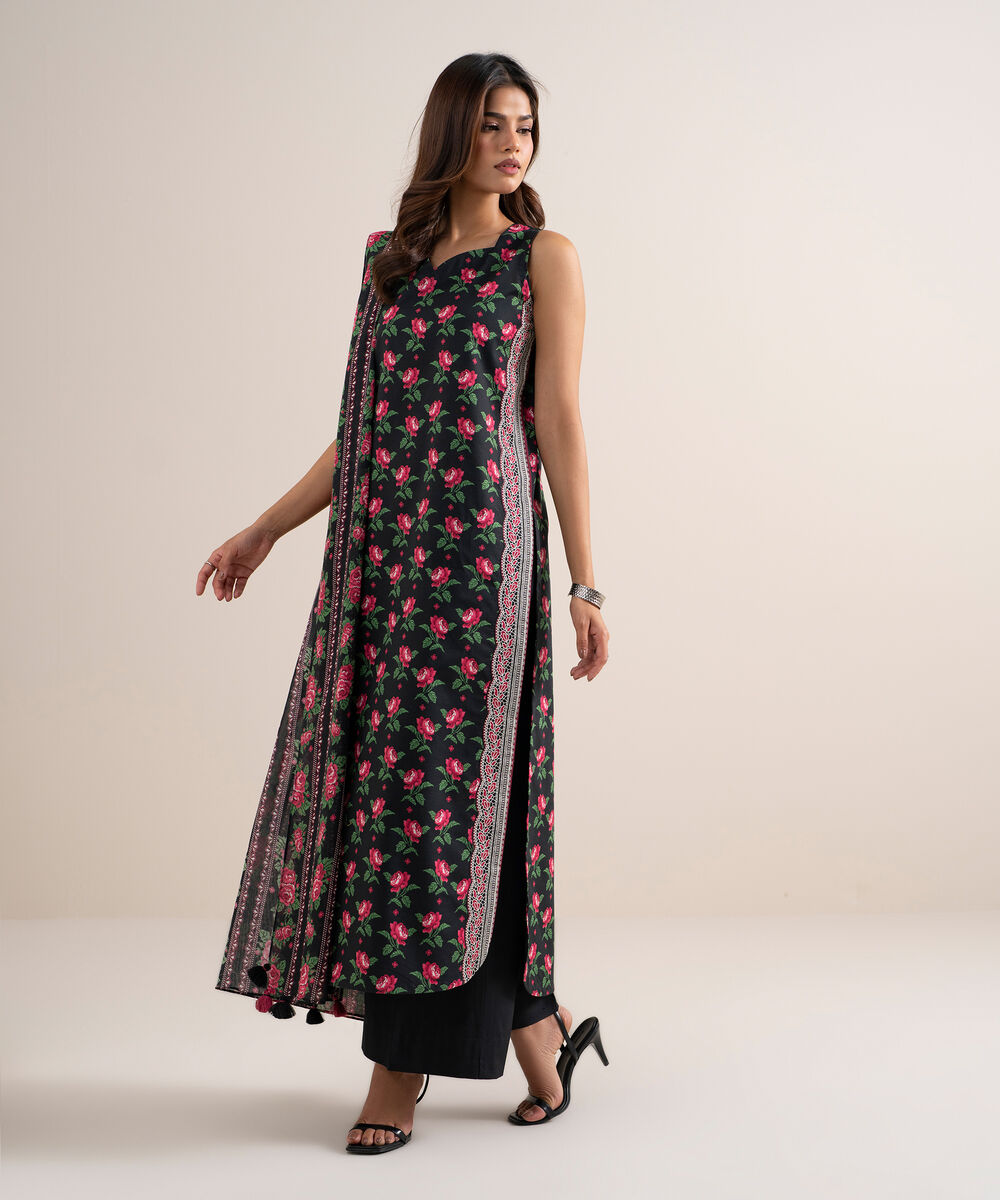 Women's Unstitched Lawn Printed Black 3 Piece Suit