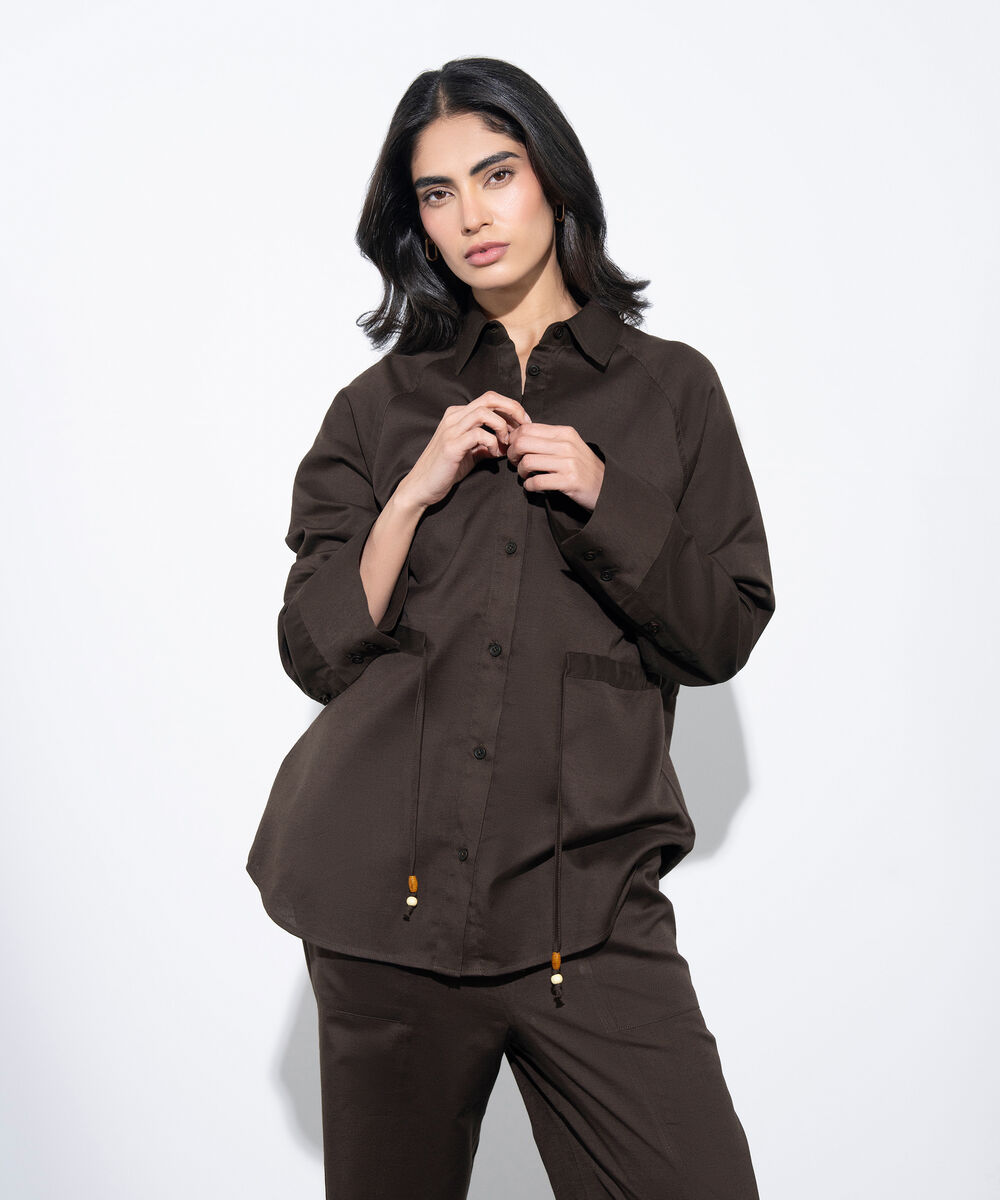 Women's Western Brown Linen Blend Shirt With Waist Drawcord