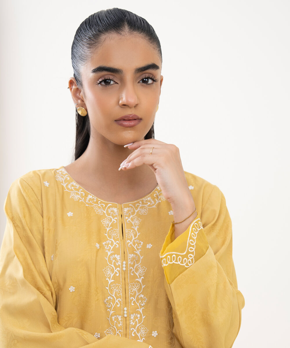 Women's RTW Cotton Jacquard Embroidered Yellow Straight Shirt