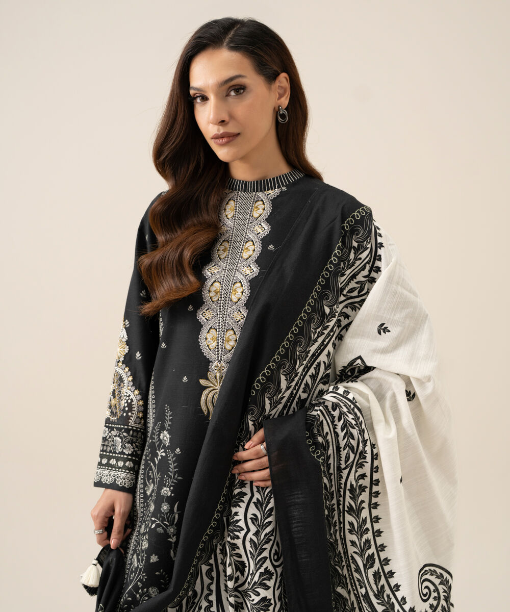 Women's Unstitched Light Khaddar Printed Black 3 Piece Suit
