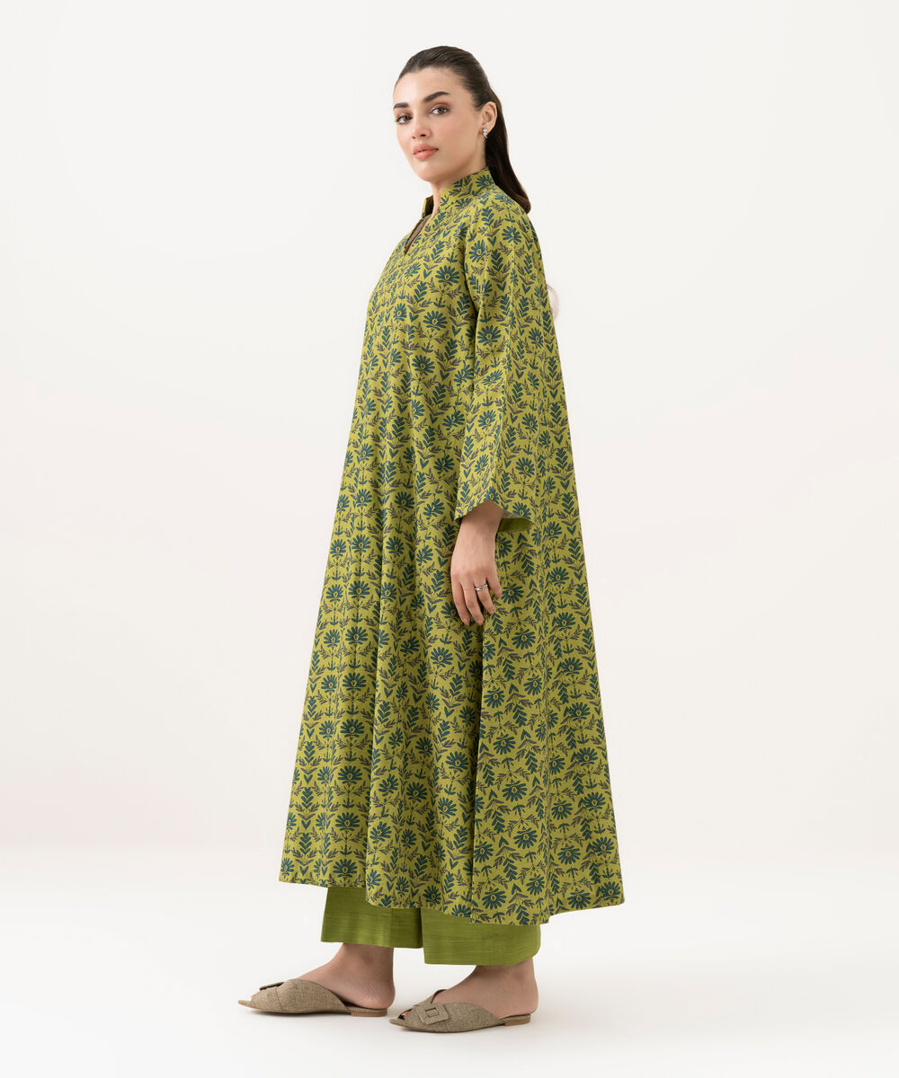 Women's Unstitched Cotton Printed Green 2 Piece Suit