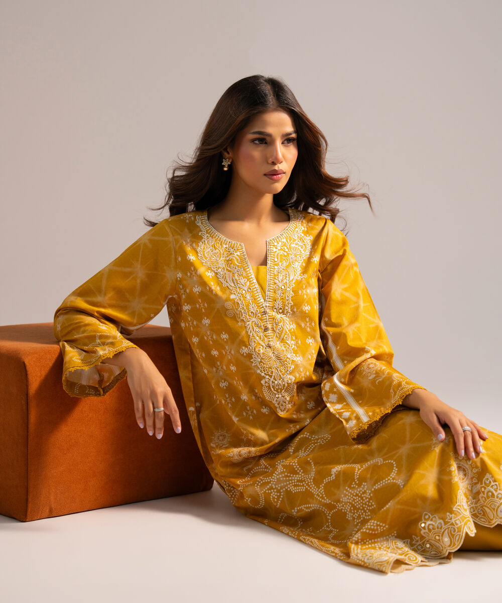 Women's RTW Dobby Embroidered Yellow 2 Piece Suit