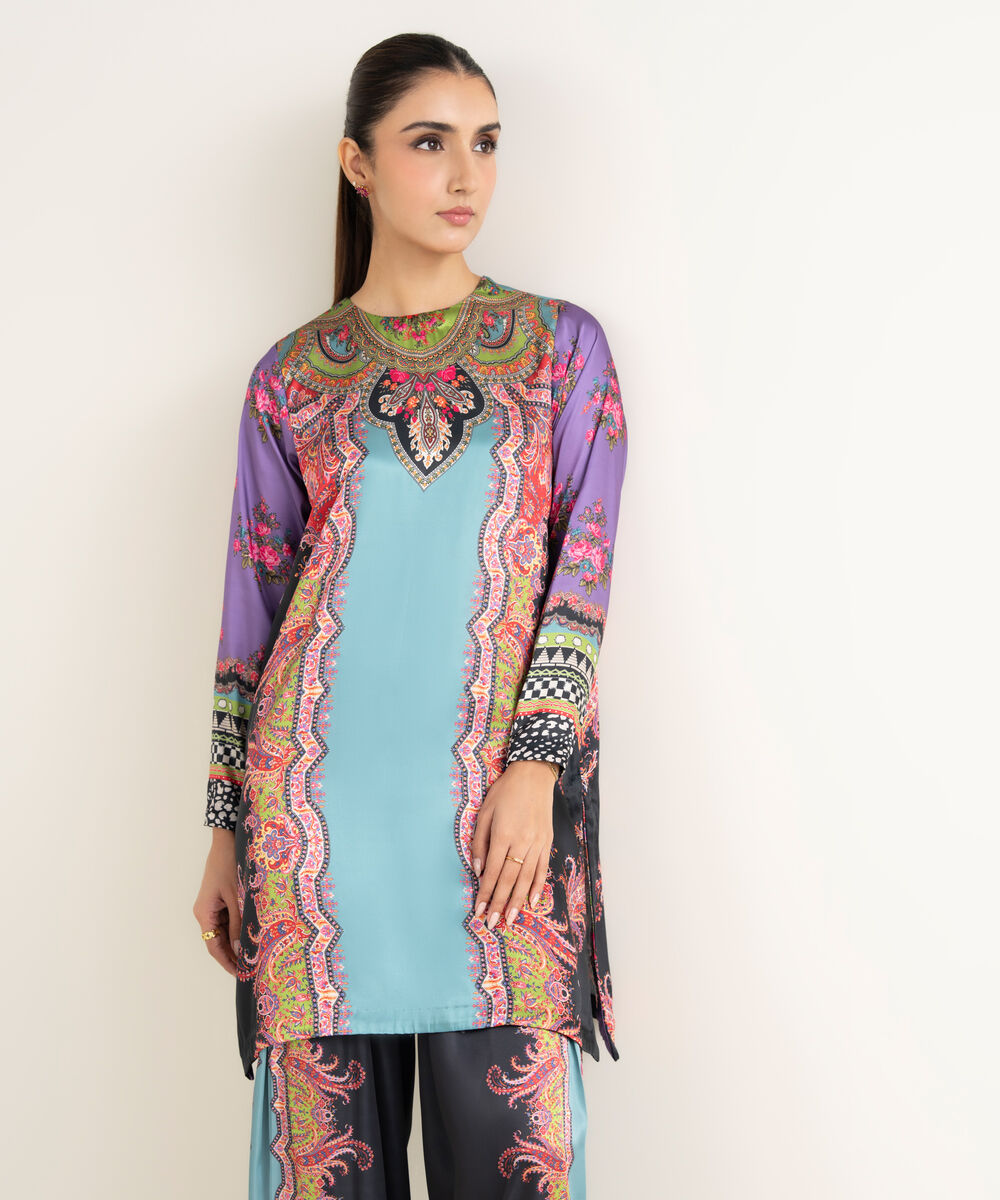 Women's RTW Blended Satin Printed Turqouise 2 Piece Suit