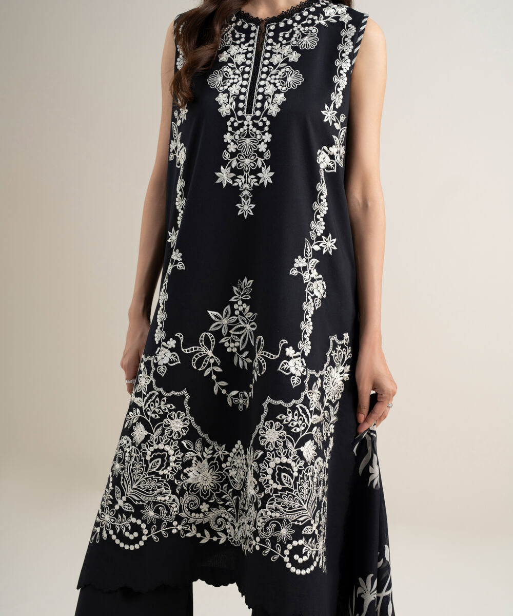 Women's Unstitched Textured Lawn Embroidered Black 3 Piece Suit