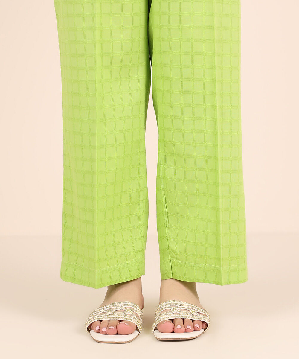 Women's RTW Textured Cotton Green Solid Straight Pants
