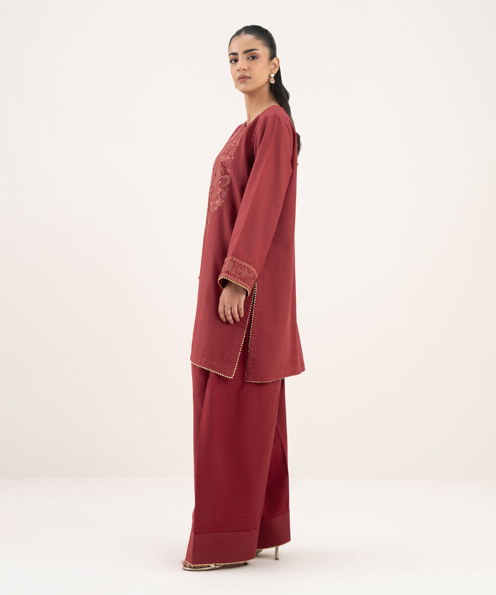 Women's RTW Zari Cotton Embroidered Straight Blue Shirt