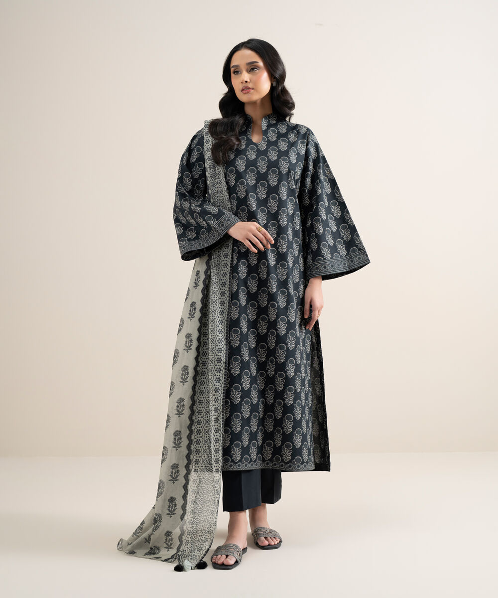 Women's Unstitched Lawn Printed Off White and Black 3 Piece Suit