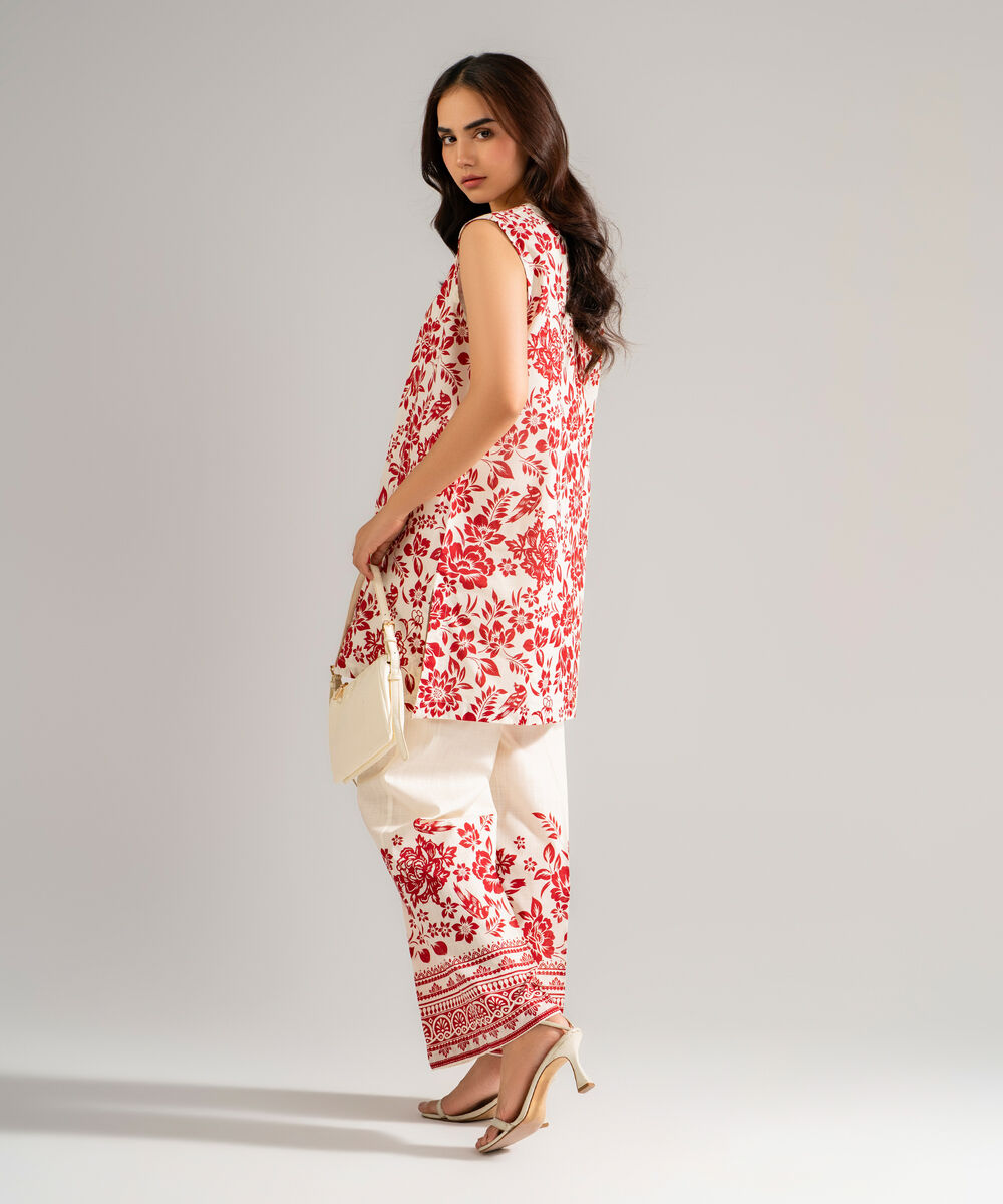 Women's RTW Slub Lawn Printed Cream White Straight Shirt