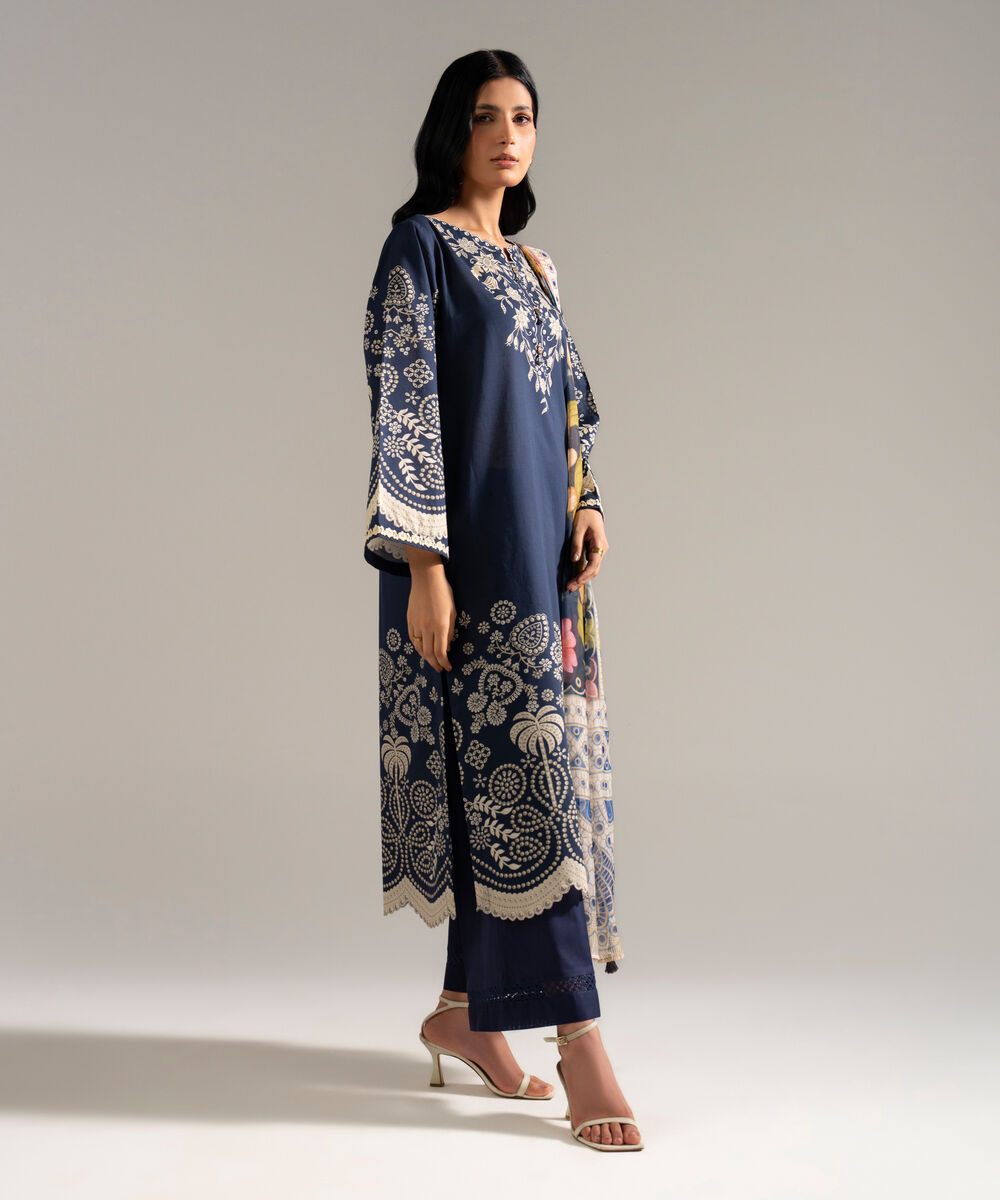 Women's RTW Slub Lawn Printed Blue 3 Piece Suit