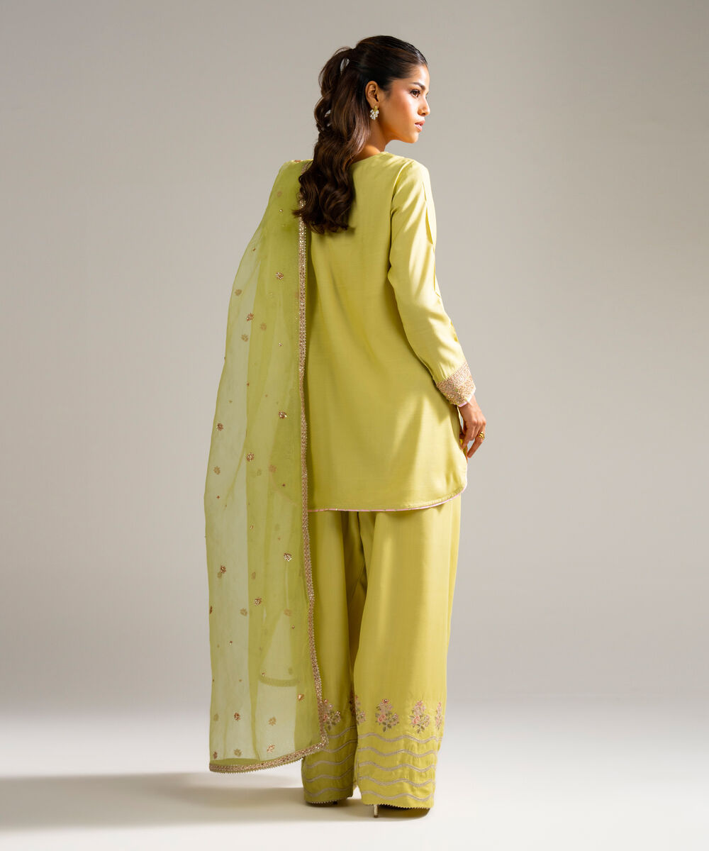 Women's RTW Raw Silk Embroidered Pale Green 3 Piece Suit