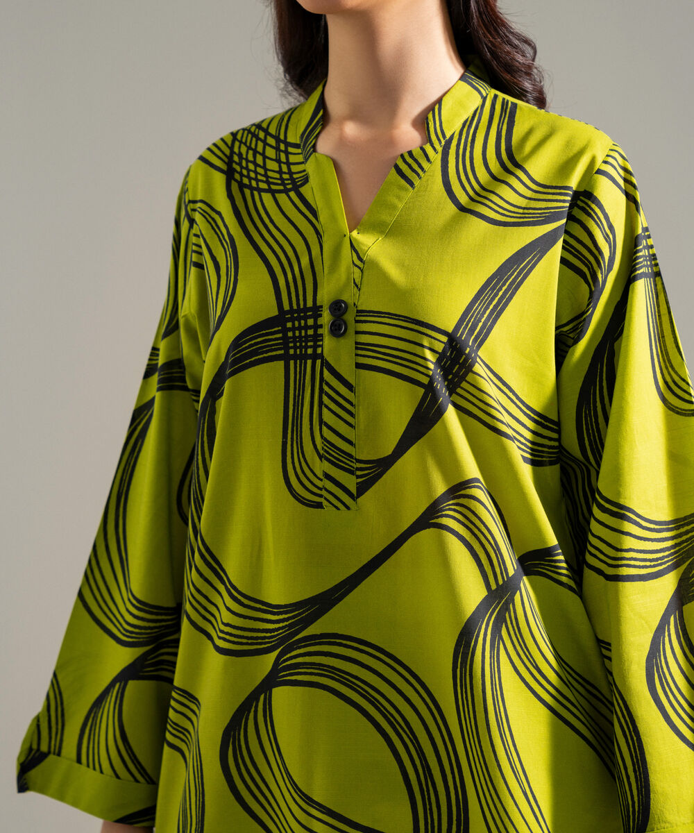 Women's RTW Slub Lawn Printed Green Straight Shirt
