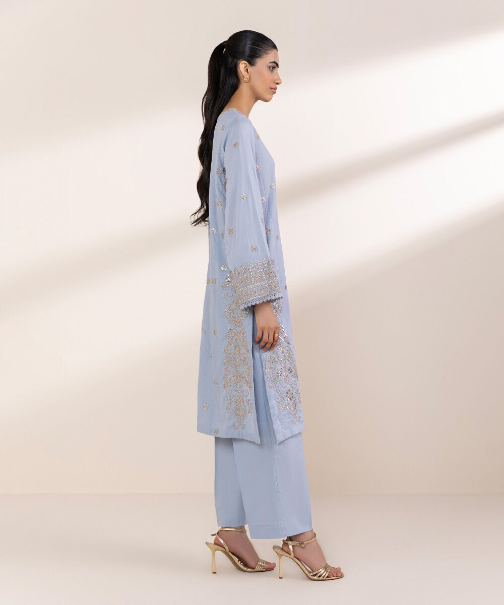 Women's RTW Dobby Blue Embroidered A-Line Shirt