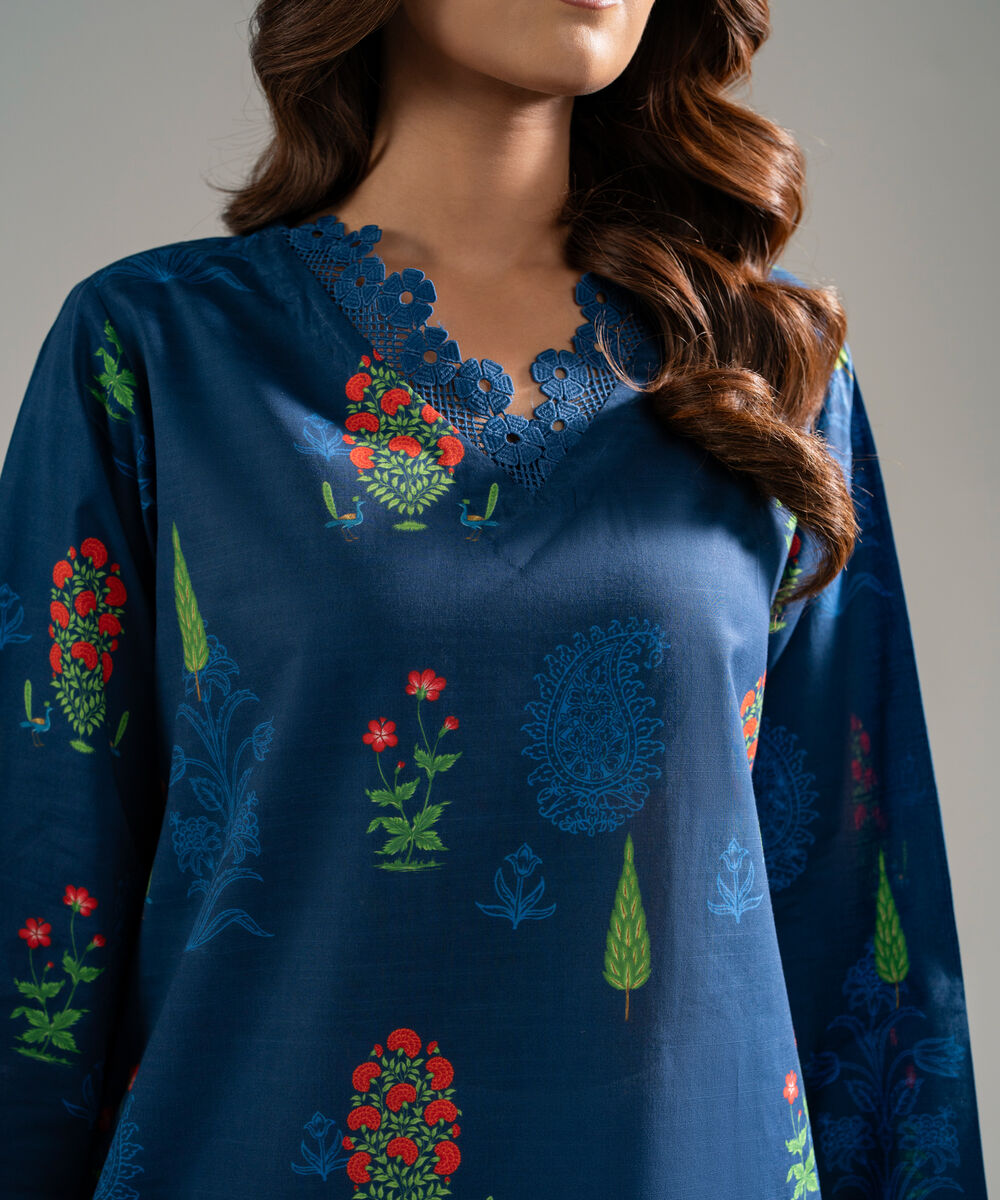 Women's RTW Slub Lawn Printed Turquoise Straight Shirt
