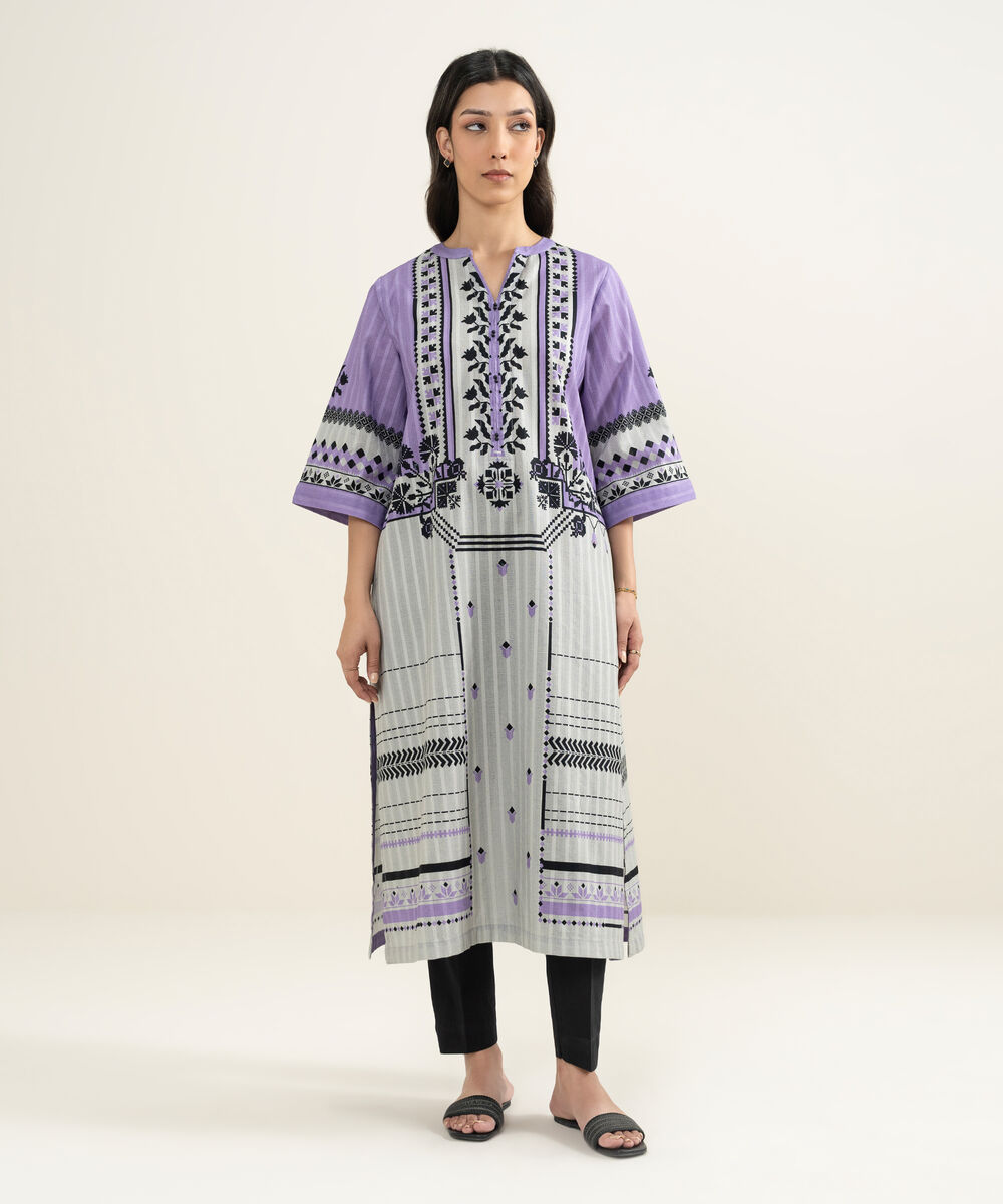 Women's RTW Textured Cotton Printed Grey A-Line Shirt