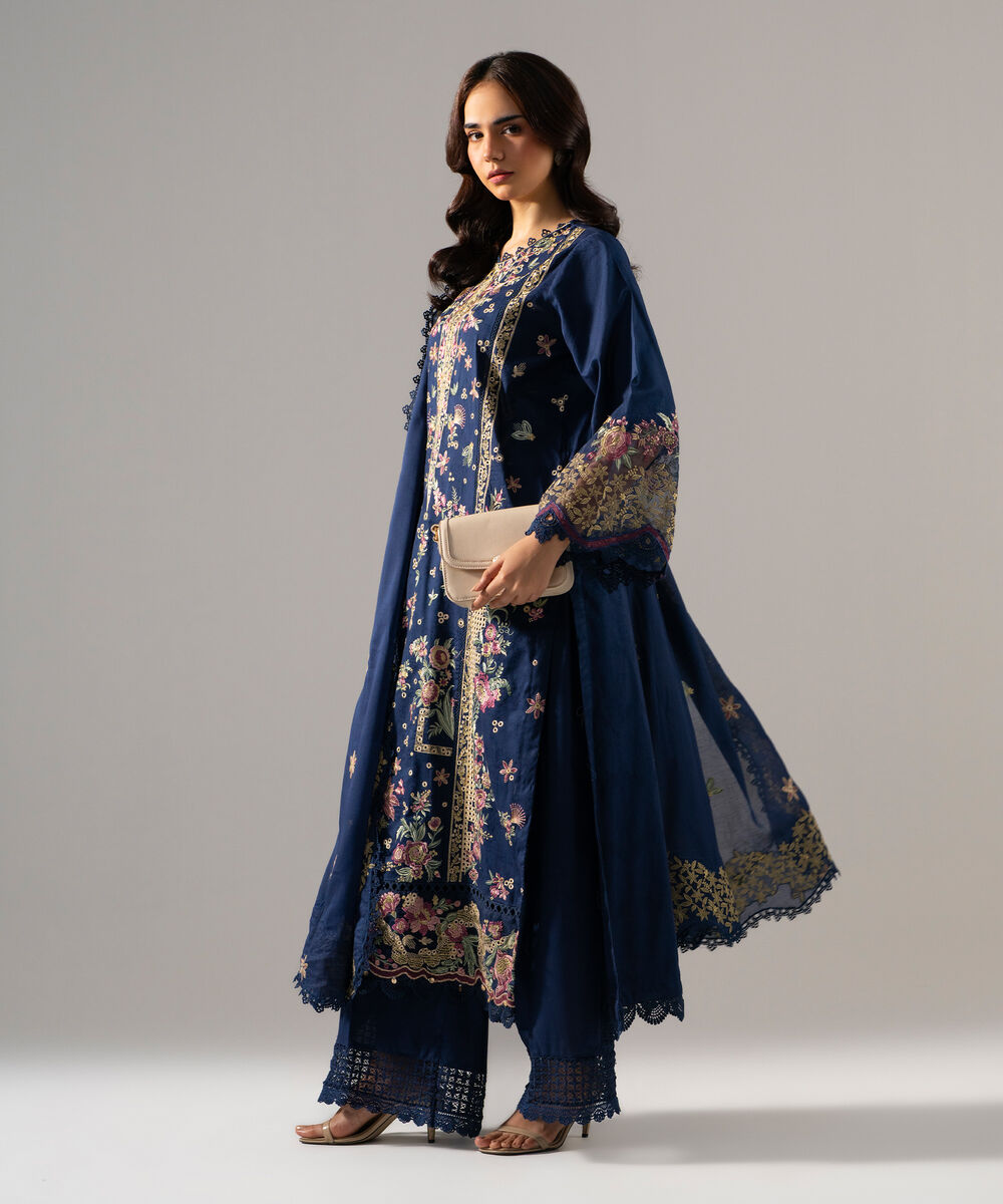 Women's RTW Self Jacquard Solid Embroidered Dark Blue 3 Piece Suit