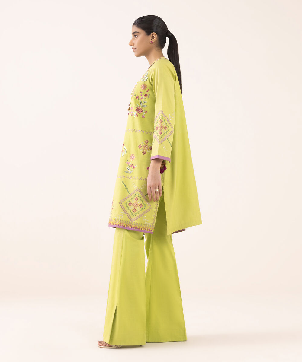 Women's Unstitched Cotton Embroidered Green Two Piece Suit
