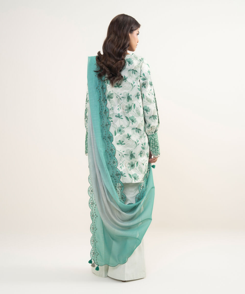 Women's Unstitched Cotton Jacquard Embroidered Green and Off White 3 Piece Suit