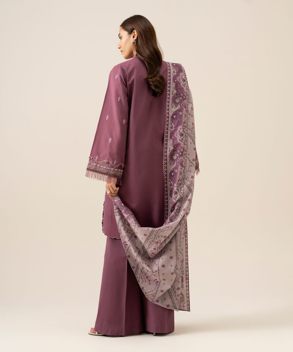 Women's Unstitched Basic Khaddar Embroidered Mauve 3 Piece Suit