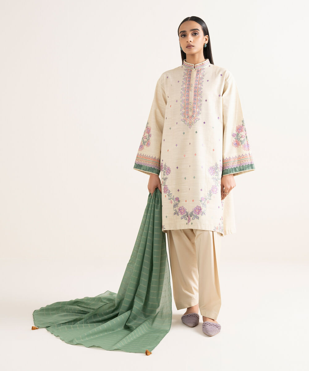 Women's Unstitched Cotton Embroidered Off White 3 Piece Suit