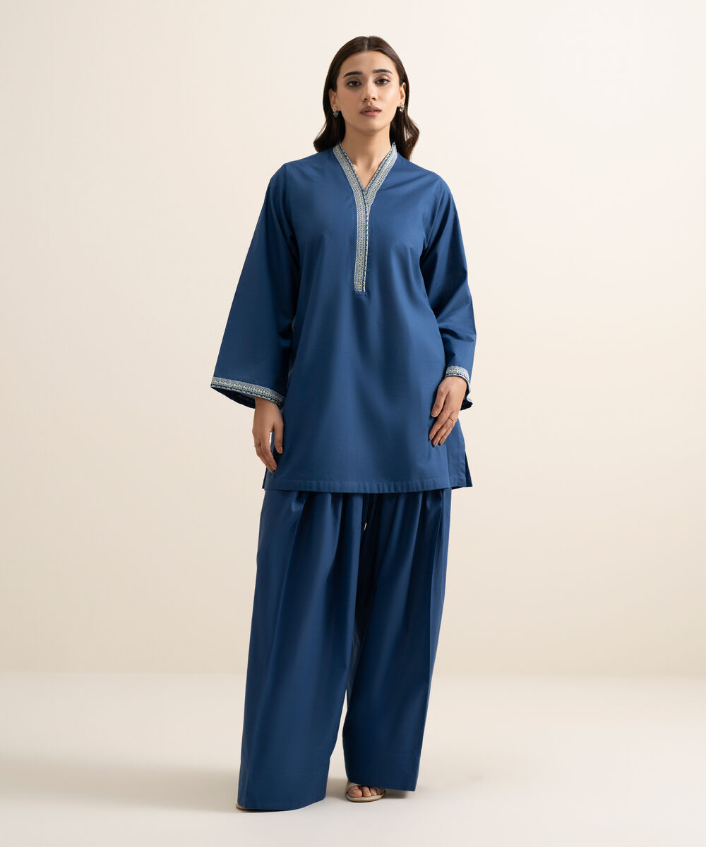 Women's RTW Cambric Embroidered Blue Boxy Shirt